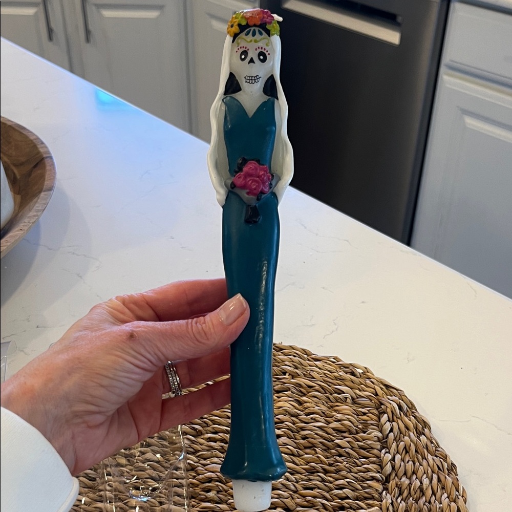 Day of the Dead Teal Taper Candle